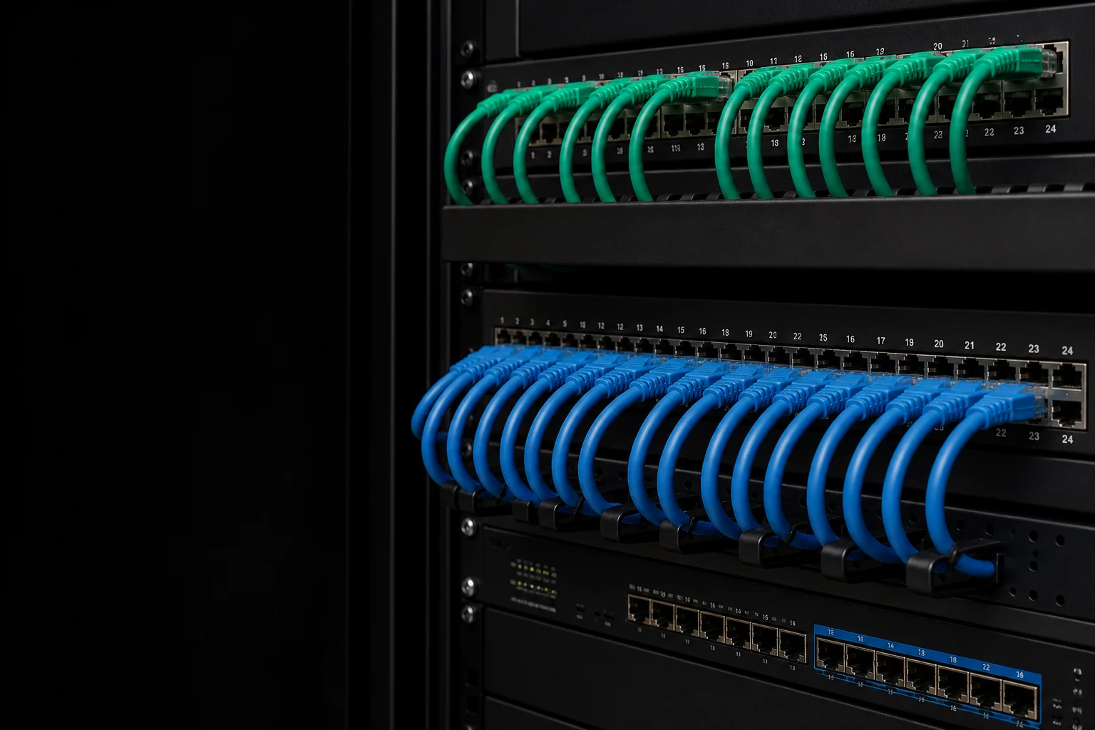 Network rack with organized green and blue Ethernet cables